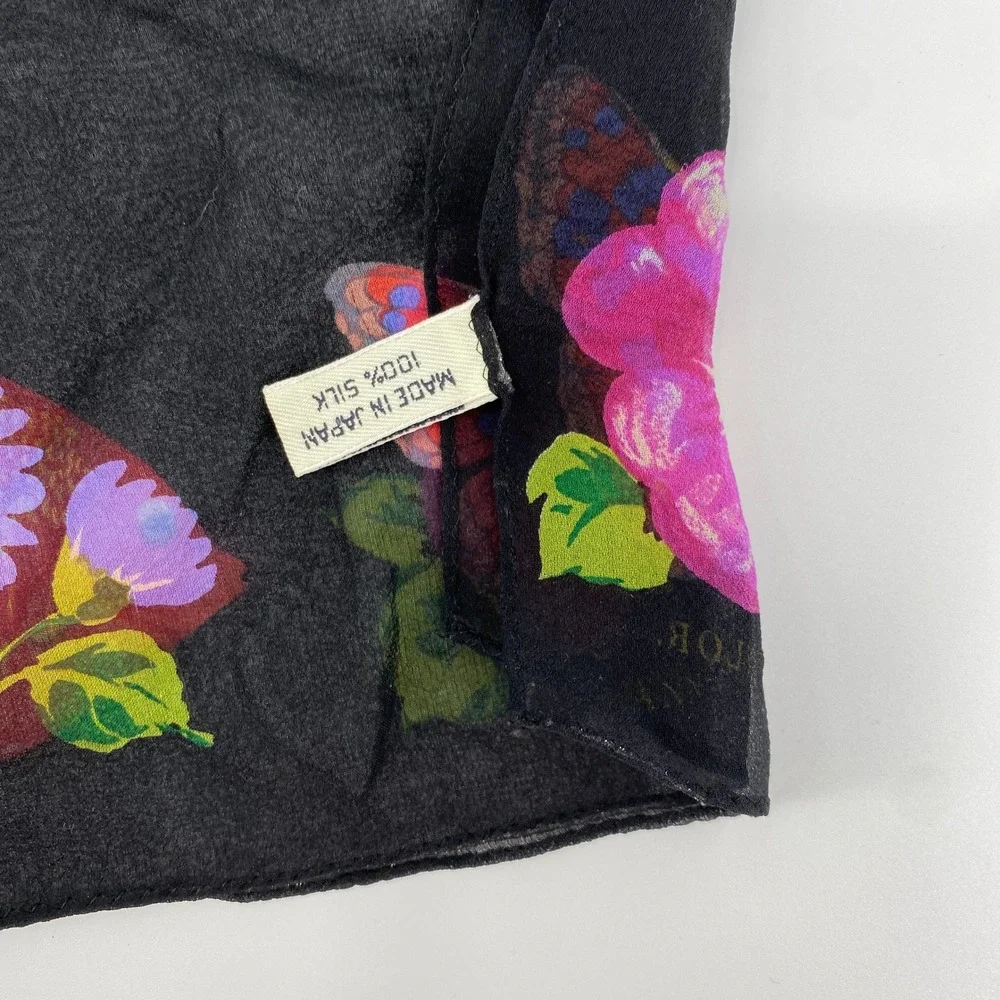 Vintage Ann Taylor Scarf Women Black Silk Tropical Fish Butterfly Floral Sheer
